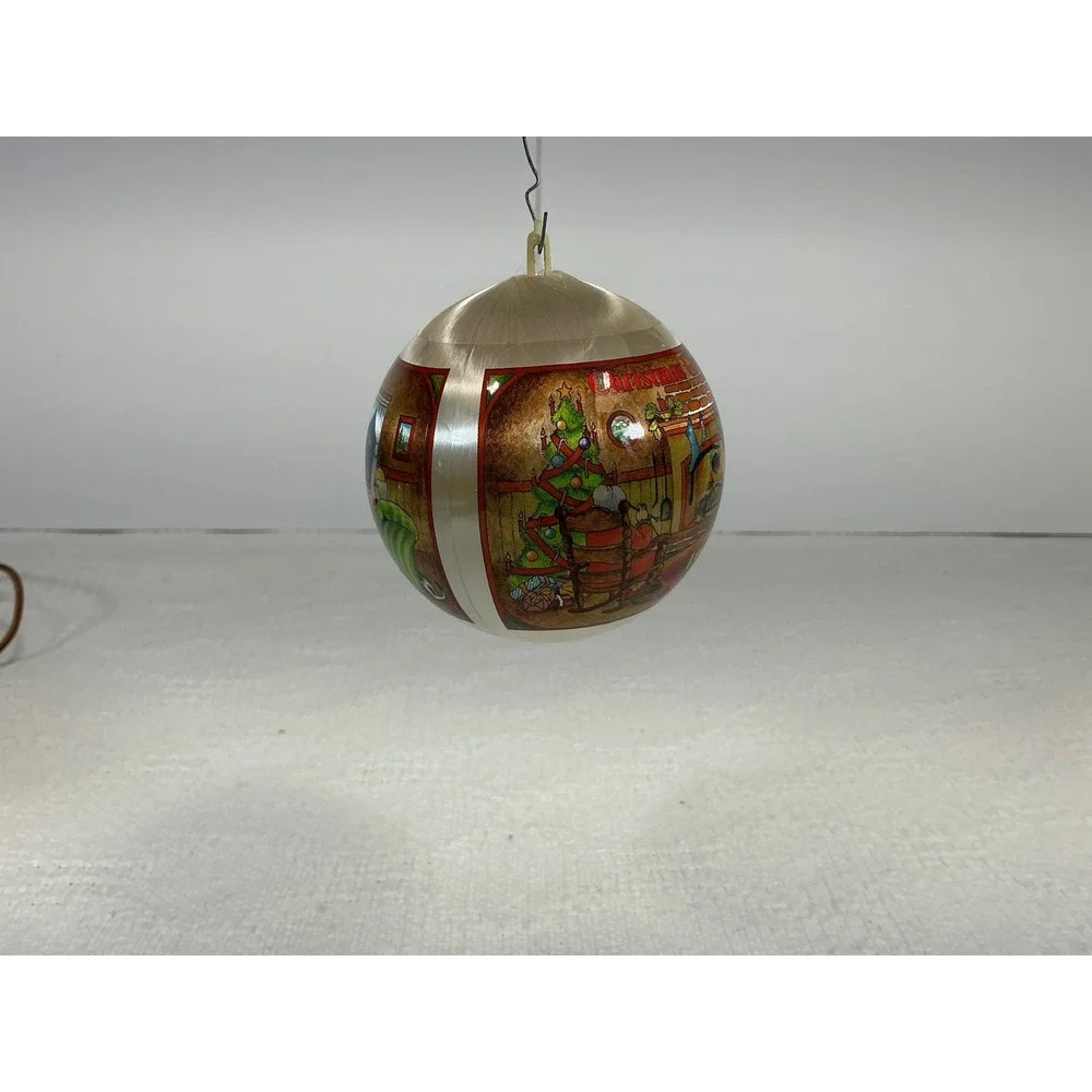 Vintage Christmas Greetings 1982 Satin Ball Ornament Fireplace Scene Cream Multi